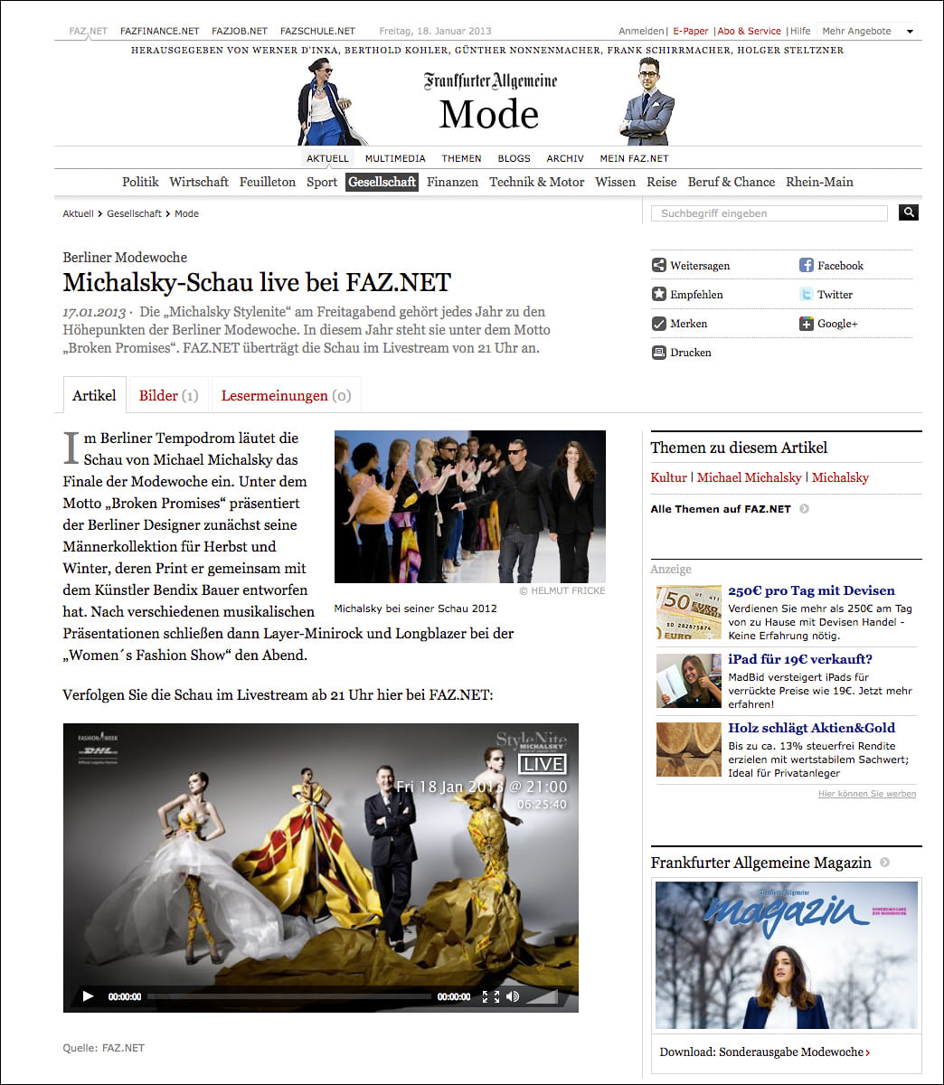 FAZ / FAZ.net, Michalsky Collaboration, Jan. 17, 2013 FAZ / FAZ.net, Michalsky Collaboration, Jan. 17, 2013
